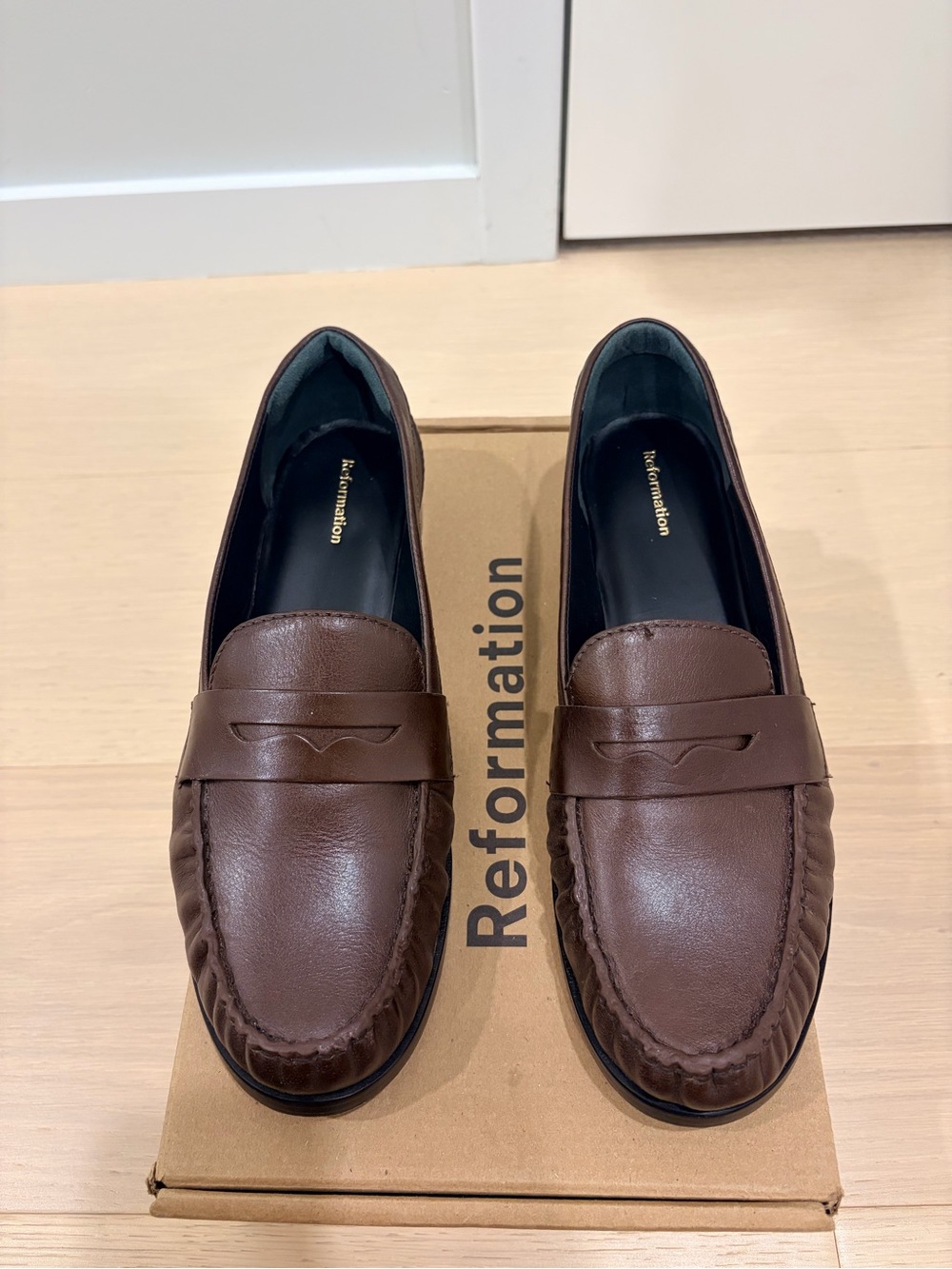 Reformation Ani Ruched Leather Loafers in Espresso Brown